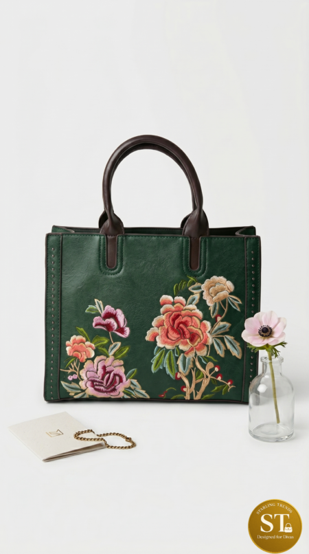 FLOWER EMBROIDERY HANDBAG GREEN