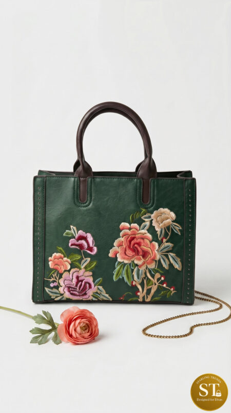 FLOWER EMBROIDERY HANDBAG GREEN